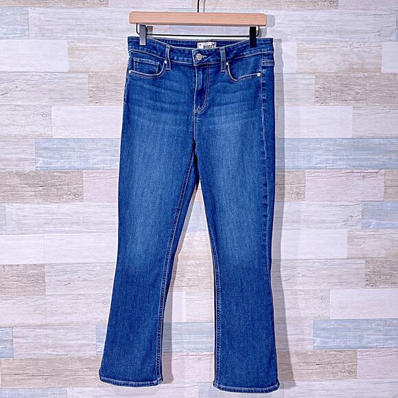 PAIGE Shelby Crop Flare Jeans Blue Dark Wash Mid Rise Stretch Denim Womens 30 - Picture 2 of 10